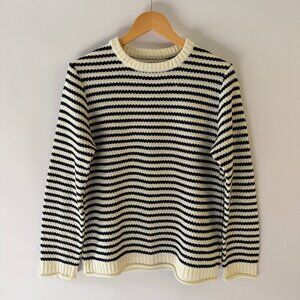 Crew Neck Pullover Fisherman Sweater Roll Hem Striped black and White Mens Small